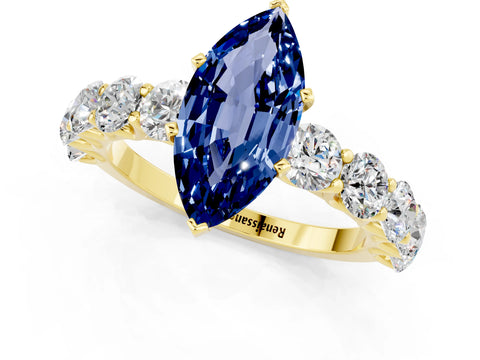 Yellow gold Marquise Cut Blue Sapphire Prong Setting with Side Stones on a Pave Band_1