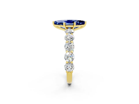 Yellow gold Marquise Cut Blue Sapphire Prong Setting with Side Stones on a Pave Band_2