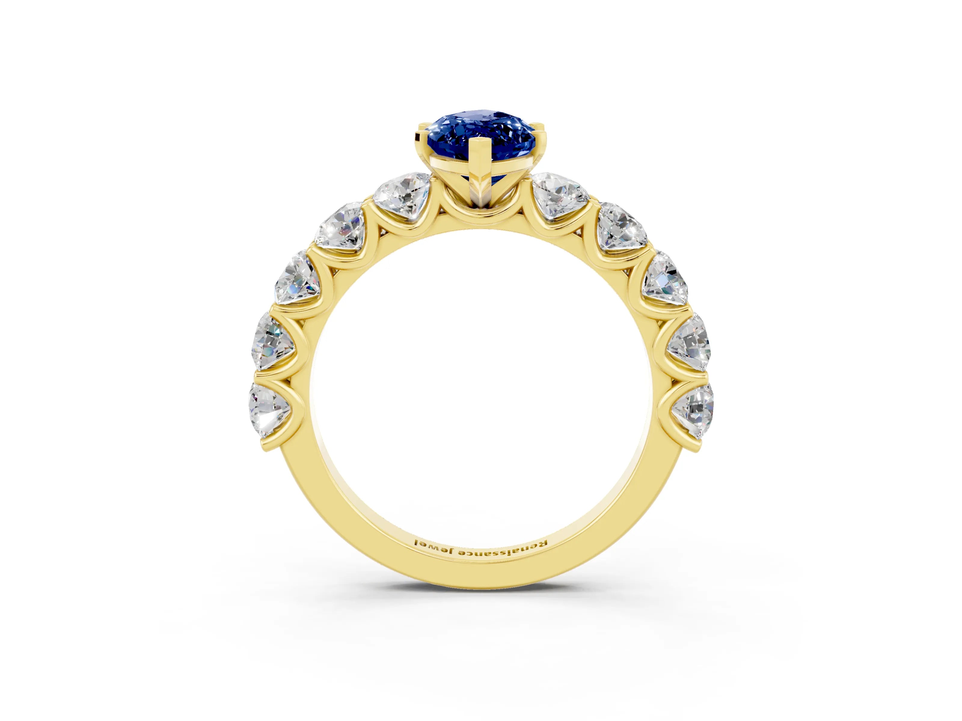 Yellow gold Marquise Cut Blue Sapphire Prong Setting with Side Stones on a Pave Band_3