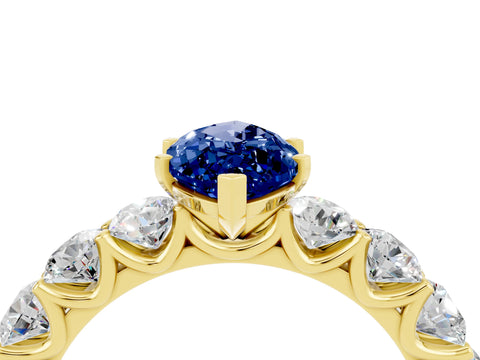 Yellow gold Marquise Cut Blue Sapphire Prong Setting with Side Stones on a Pave Band_4