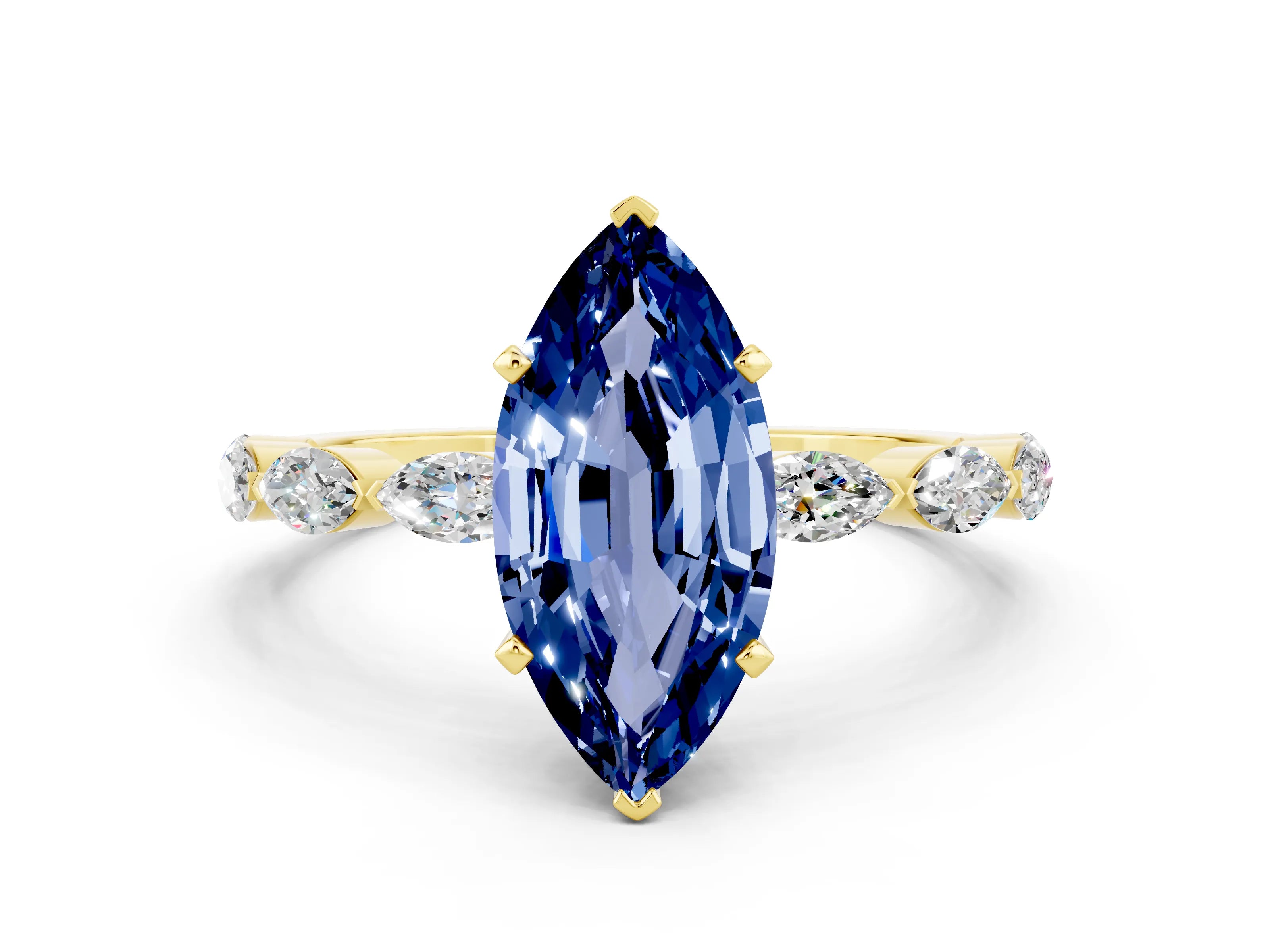 Yellow gold Marquise Cut Blue Sapphire Ring with Marquise Side Stones and Prong Setting