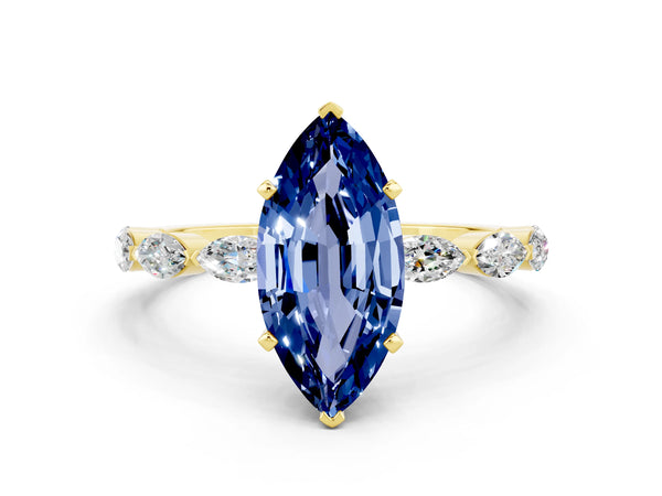 Yellow gold Marquise Cut Blue Sapphire Ring with Marquise Side Stones and Prong Setting
