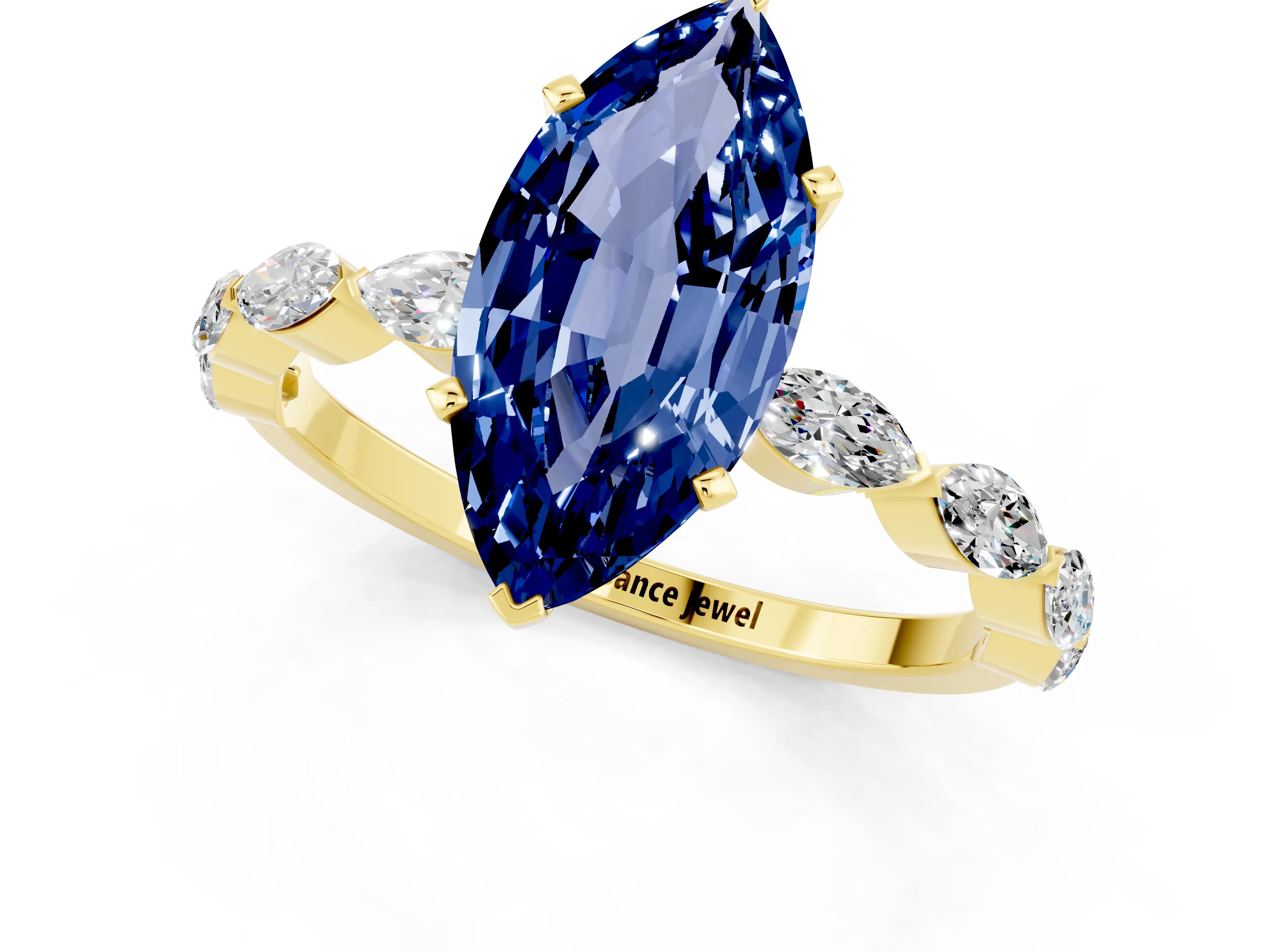Yellow gold Marquise Cut Blue Sapphire Ring with Marquise Side Stones and Prong Setting_1