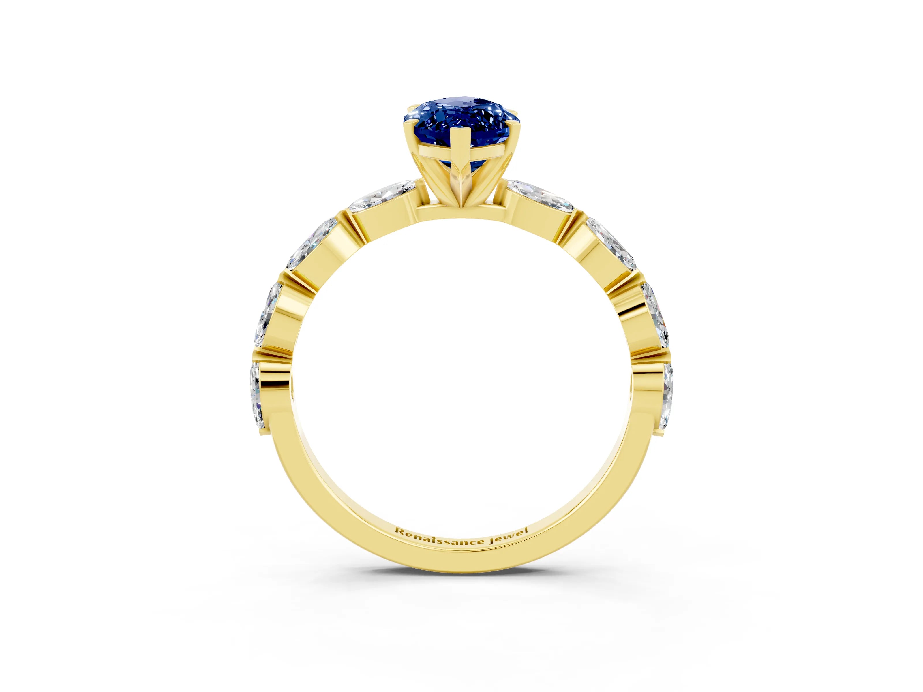 Yellow gold Marquise Cut Blue Sapphire Ring with Marquise Side Stones and Prong Setting_3