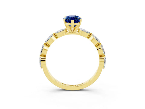 Yellow gold Marquise Cut Blue Sapphire Ring with Marquise Side Stones and Prong Setting_3