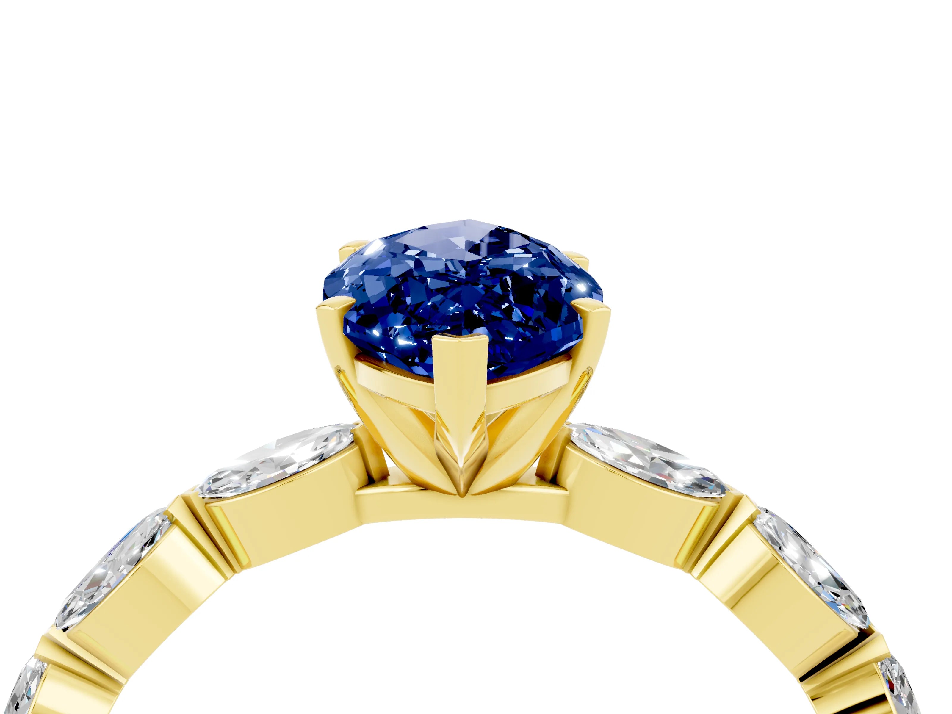 Yellow gold Marquise Cut Blue Sapphire Ring with Marquise Side Stones and Prong Setting_4