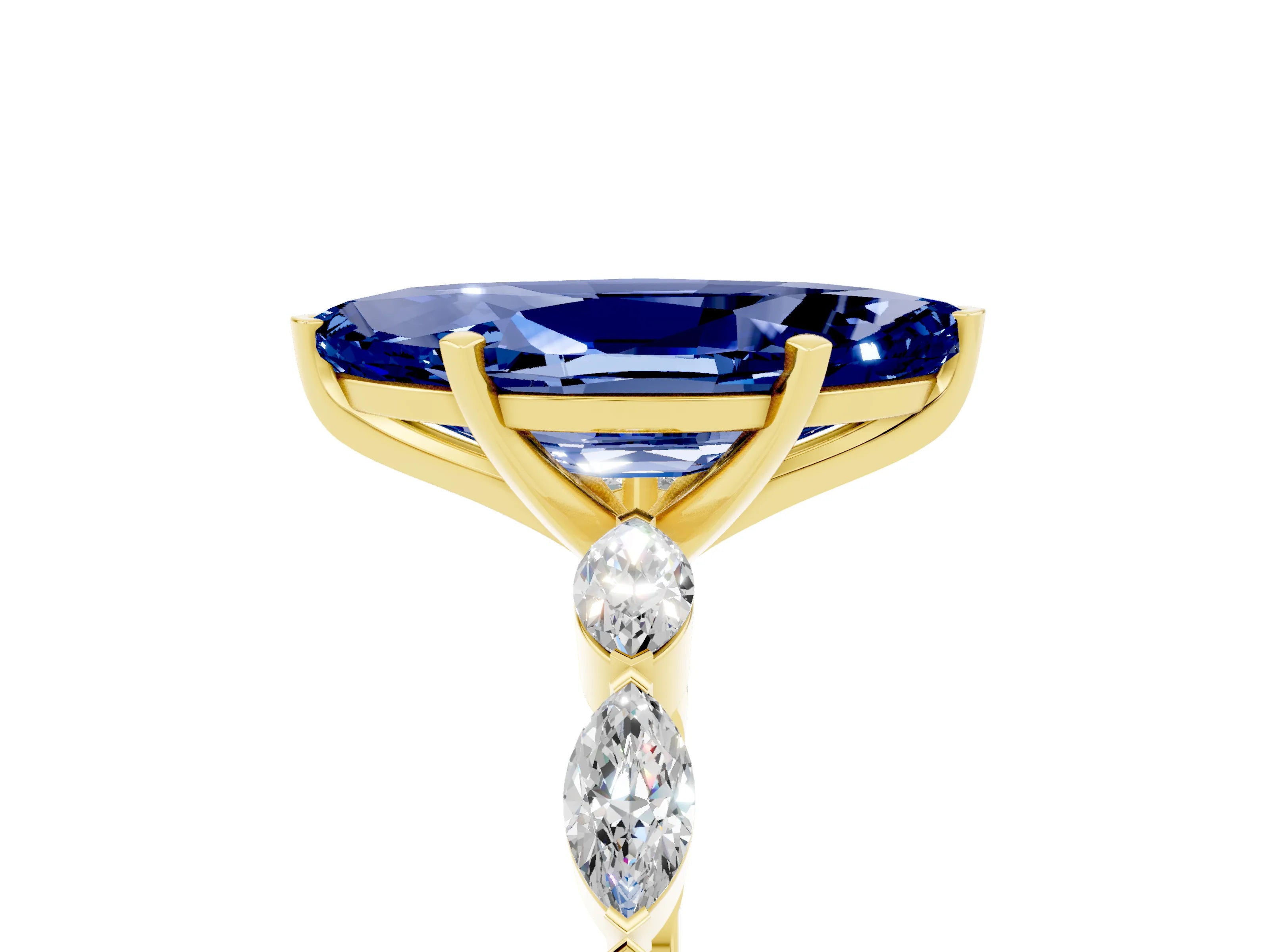 Yellow gold Marquise Cut Blue Sapphire Ring with Marquise Side Stones and Prong Setting_5