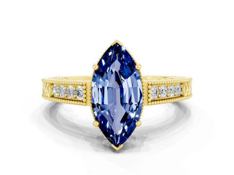 Yellow gold Marquise Cut Blue Sapphire Ring with Milgrain Pavé Band and Four-Prong Setting_12