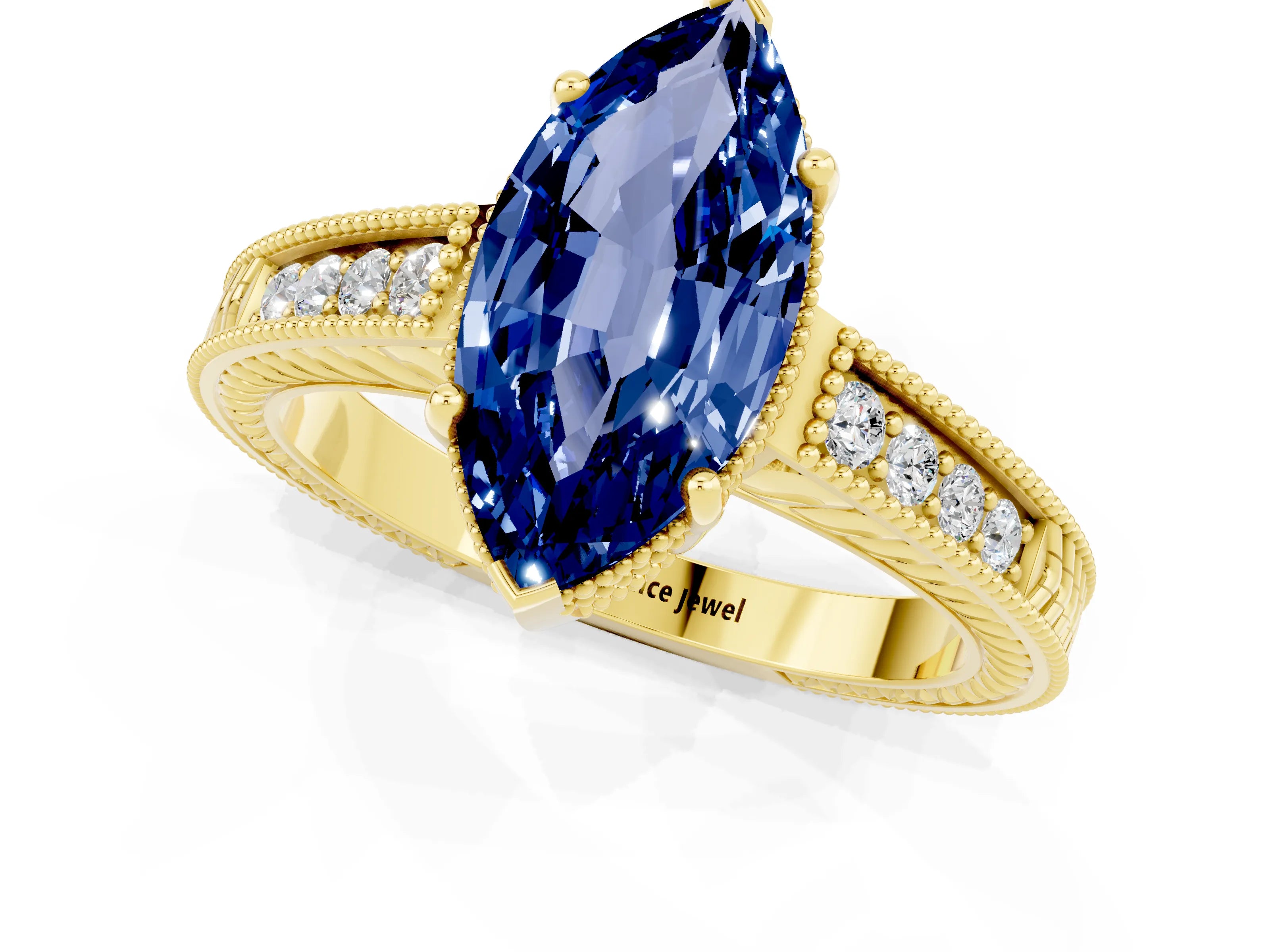 Yellow gold Marquise Cut Blue Sapphire Ring with Milgrain Pavé Band and Four-Prong Setting_13