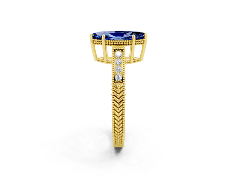 Yellow gold Marquise Cut Blue Sapphire Ring with Milgrain Pavé Band and Four-Prong Setting_14