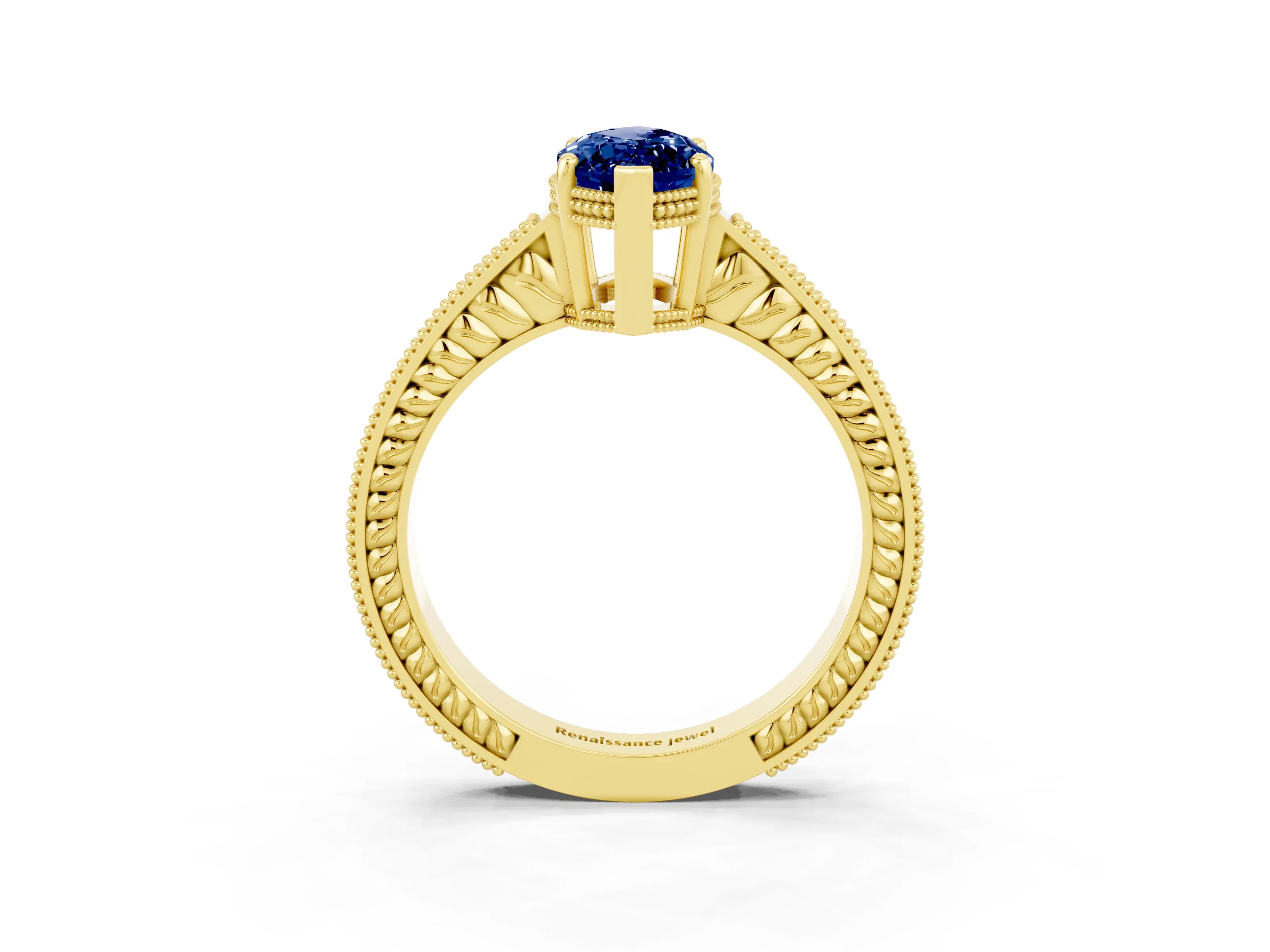 Yellow gold Marquise Cut Blue Sapphire Ring with Milgrain Pavé Band and Four-Prong Setting_15