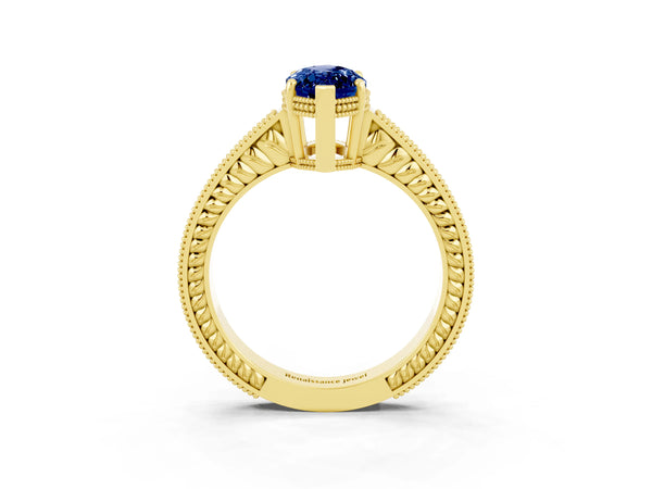 Yellow gold Marquise Cut Blue Sapphire Ring with Milgrain Pavé Band and Four-Prong Setting