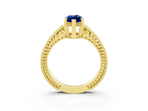 Yellow gold Marquise Cut Blue Sapphire Ring with Milgrain Pavé Band and Four-Prong Setting_15