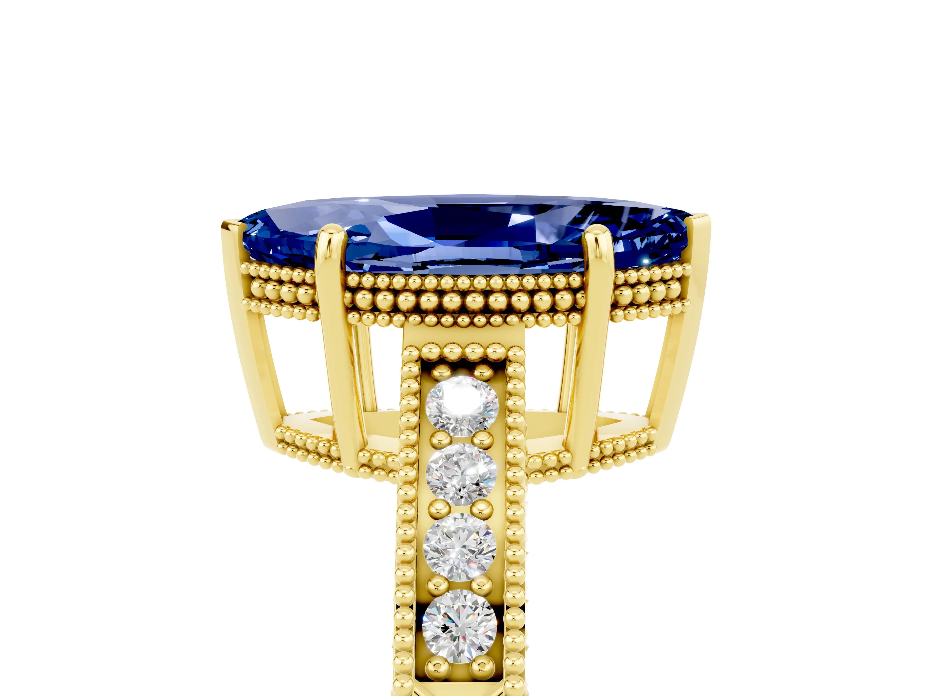 Yellow gold Marquise Cut Blue Sapphire Ring with Milgrain Pavé Band and Four-Prong Setting_17
