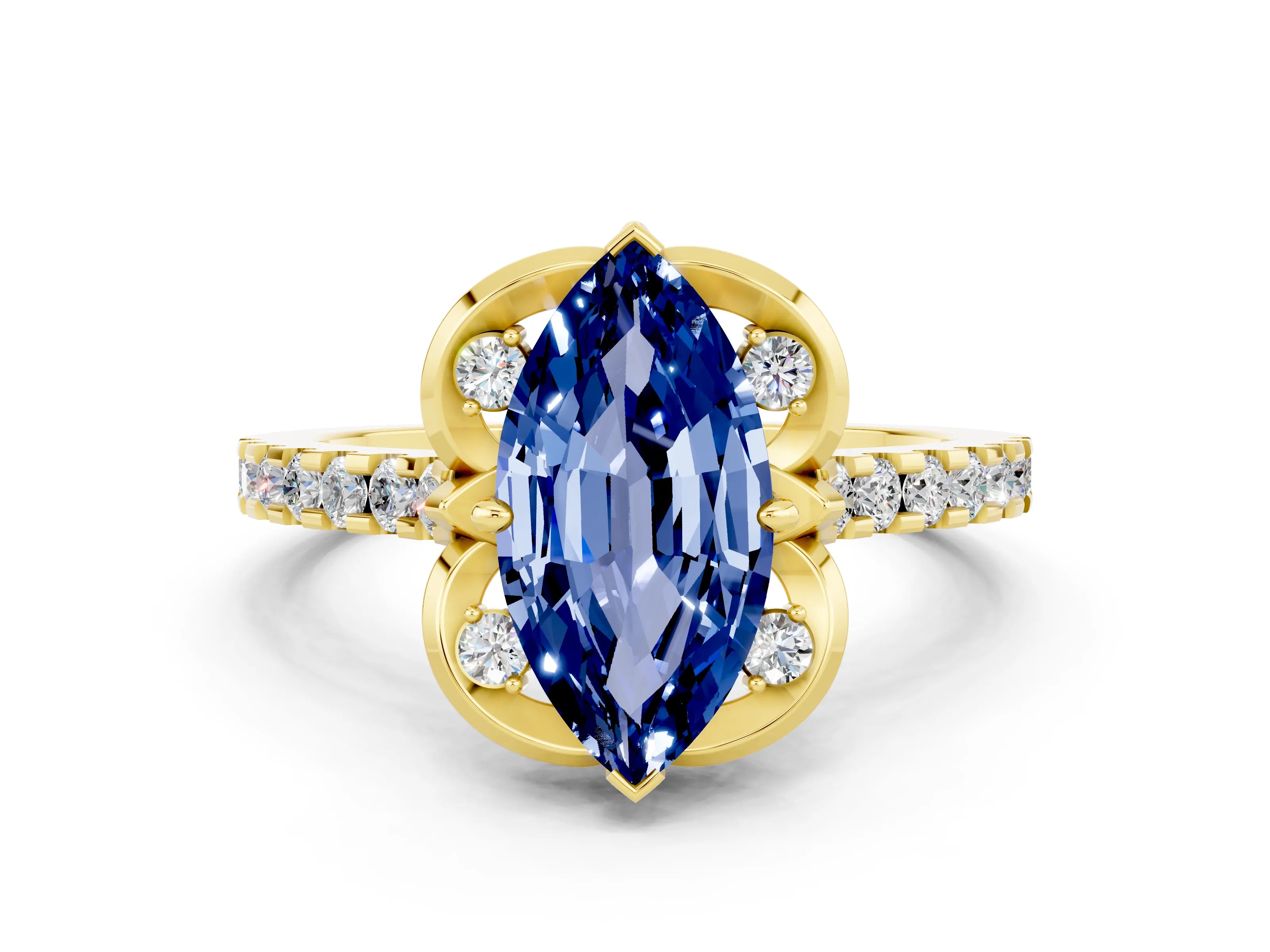 Yellow gold Marquise Cut Blue Sapphire Ring with Pavé Band and Floral Prong Setting