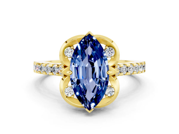 Yellow gold Marquise Cut Blue Sapphire Ring with Pavé Band and Floral Prong Setting