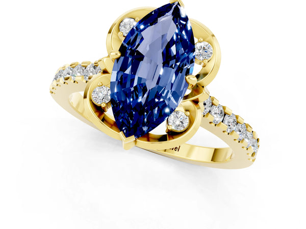 Yellow gold Marquise Cut Blue Sapphire Ring with Pavé Band and Floral Prong Setting