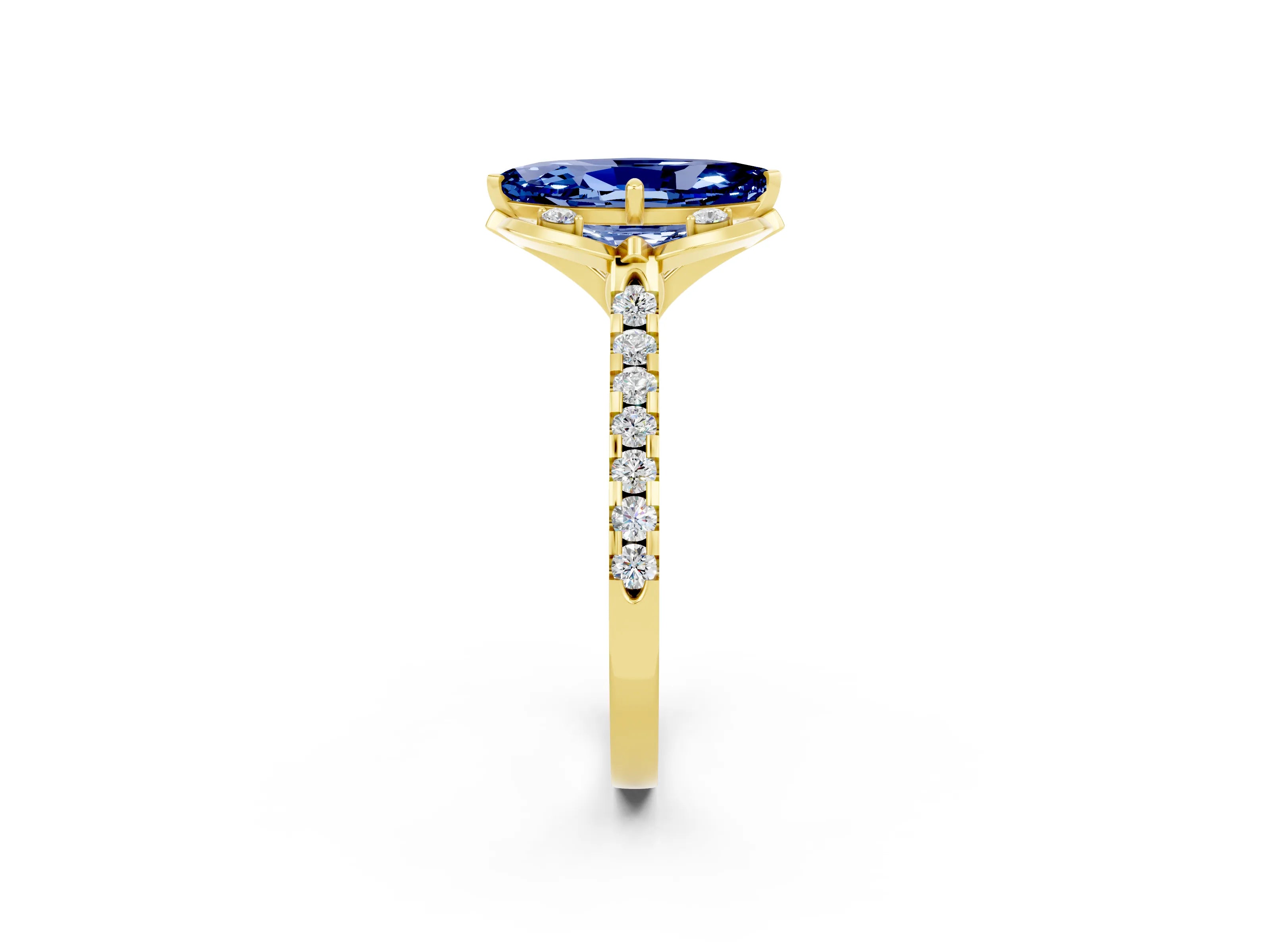 Yellow gold Marquise Cut Blue Sapphire Ring with Pavé Band and Floral Prong Setting_2