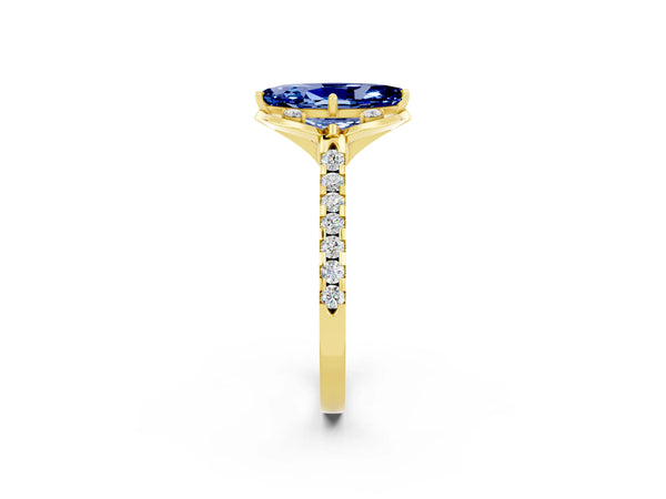 Yellow gold Marquise Cut Blue Sapphire Ring with Pavé Band and Floral Prong Setting