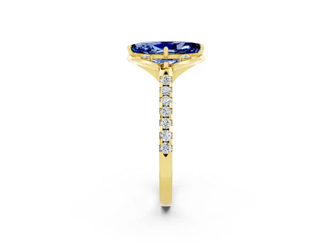 Yellow gold Marquise Cut Blue Sapphire Ring with Pavé Band and Floral Prong Setting_2