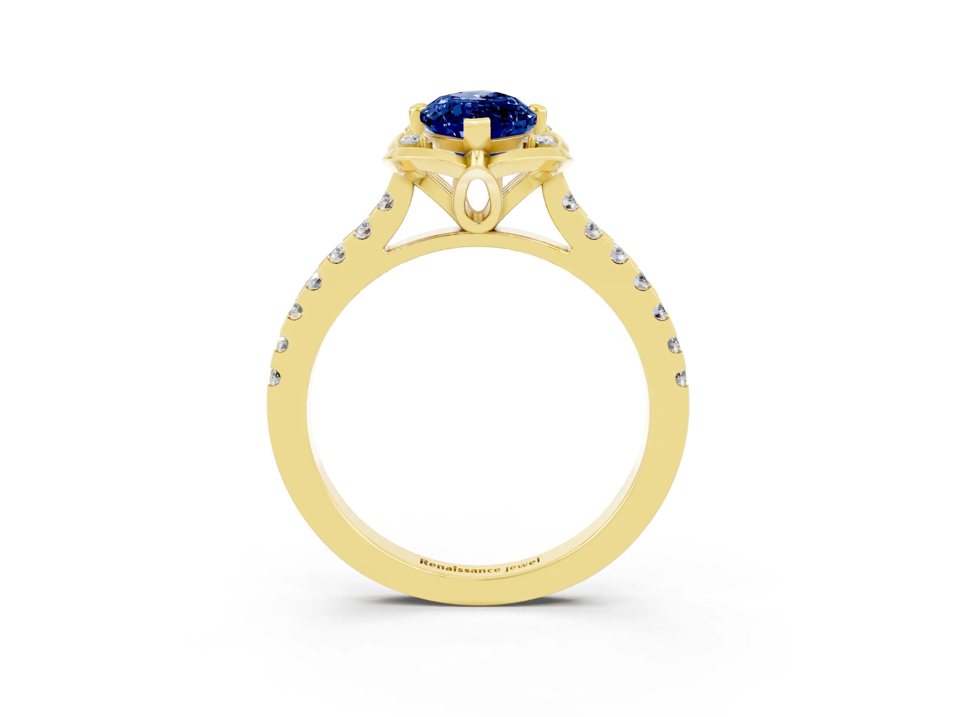 Yellow gold Marquise Cut Blue Sapphire Ring with Pavé Band and Floral Prong Setting_3