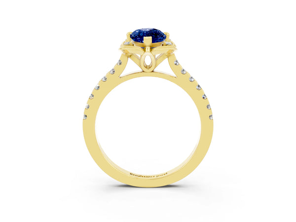 Yellow gold Marquise Cut Blue Sapphire Ring with Pavé Band and Floral Prong Setting