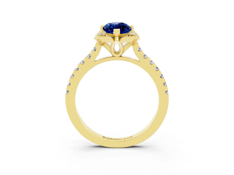 Yellow gold Marquise Cut Blue Sapphire Ring with Pavé Band and Floral Prong Setting_3
