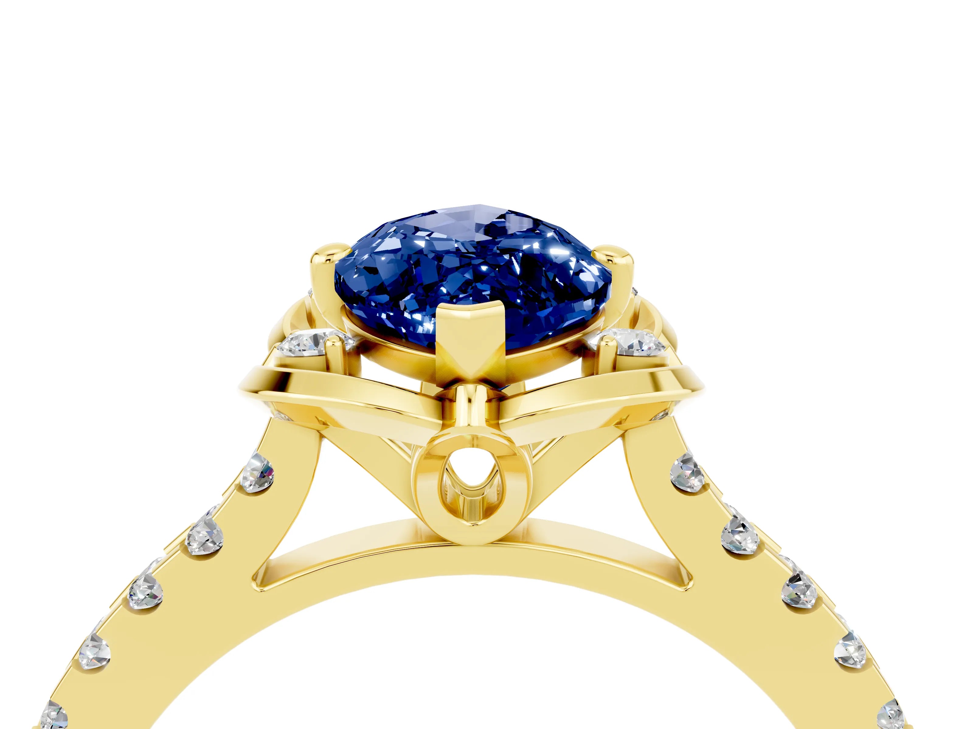 Yellow gold Marquise Cut Blue Sapphire Ring with Pavé Band and Floral Prong Setting_4