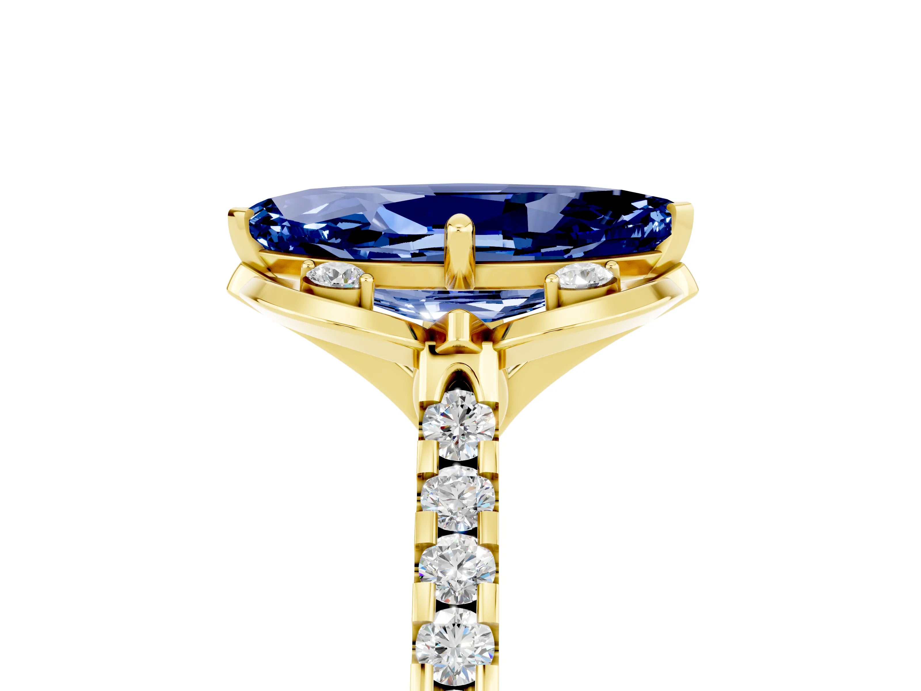 Yellow gold Marquise Cut Blue Sapphire Ring with Pavé Band and Floral Prong Setting_5
