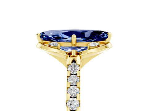 Yellow gold Marquise Cut Blue Sapphire Ring with Pavé Band and Floral Prong Setting_5