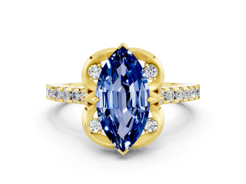 Yellow gold Marquise Cut Blue Sapphire Ring with Pavé Band and Floral Prong Setting