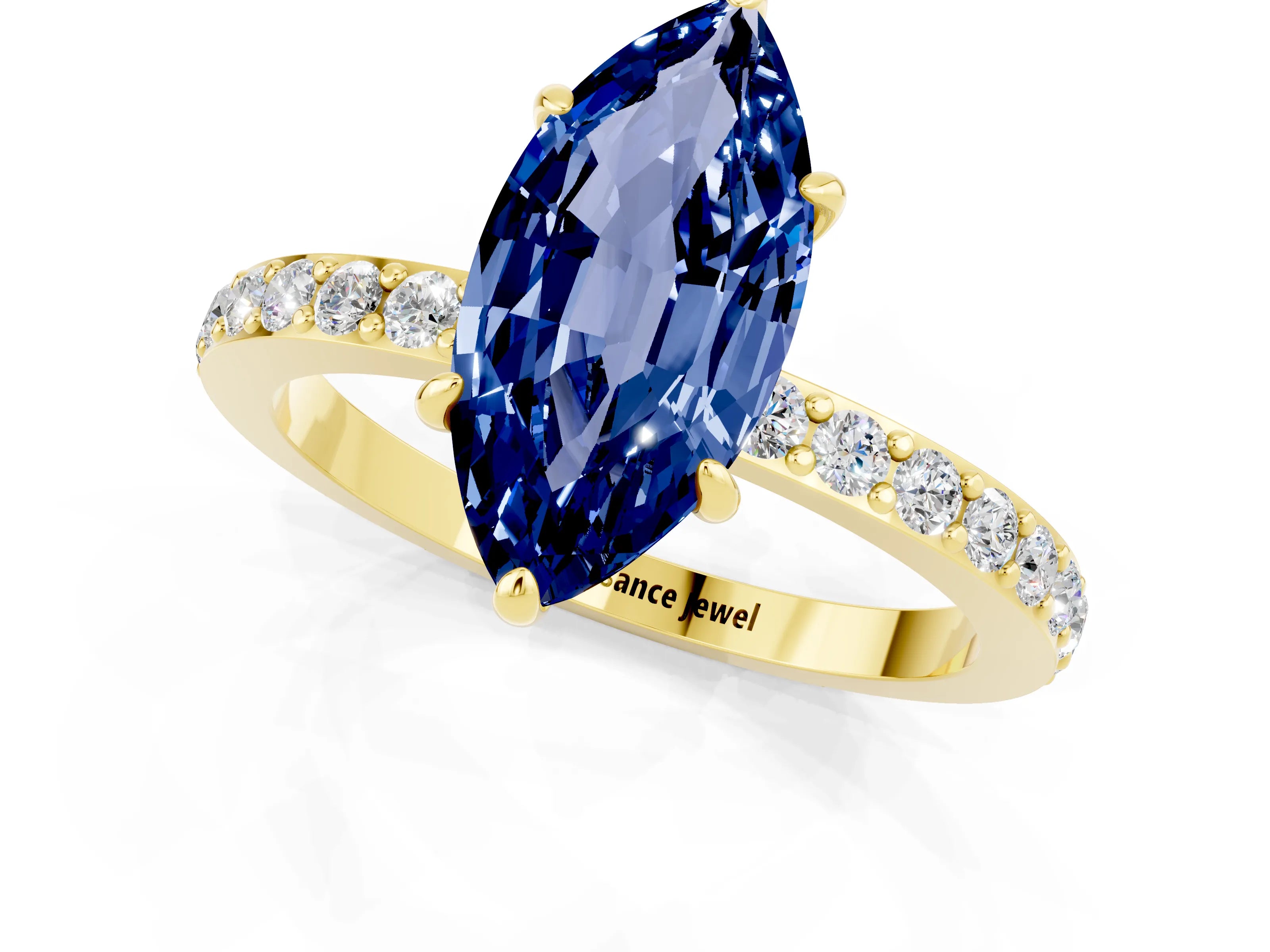 Yellow gold Marquise Cut Blue Sapphire Ring with Pavé Band and Four-Prong Setting_1