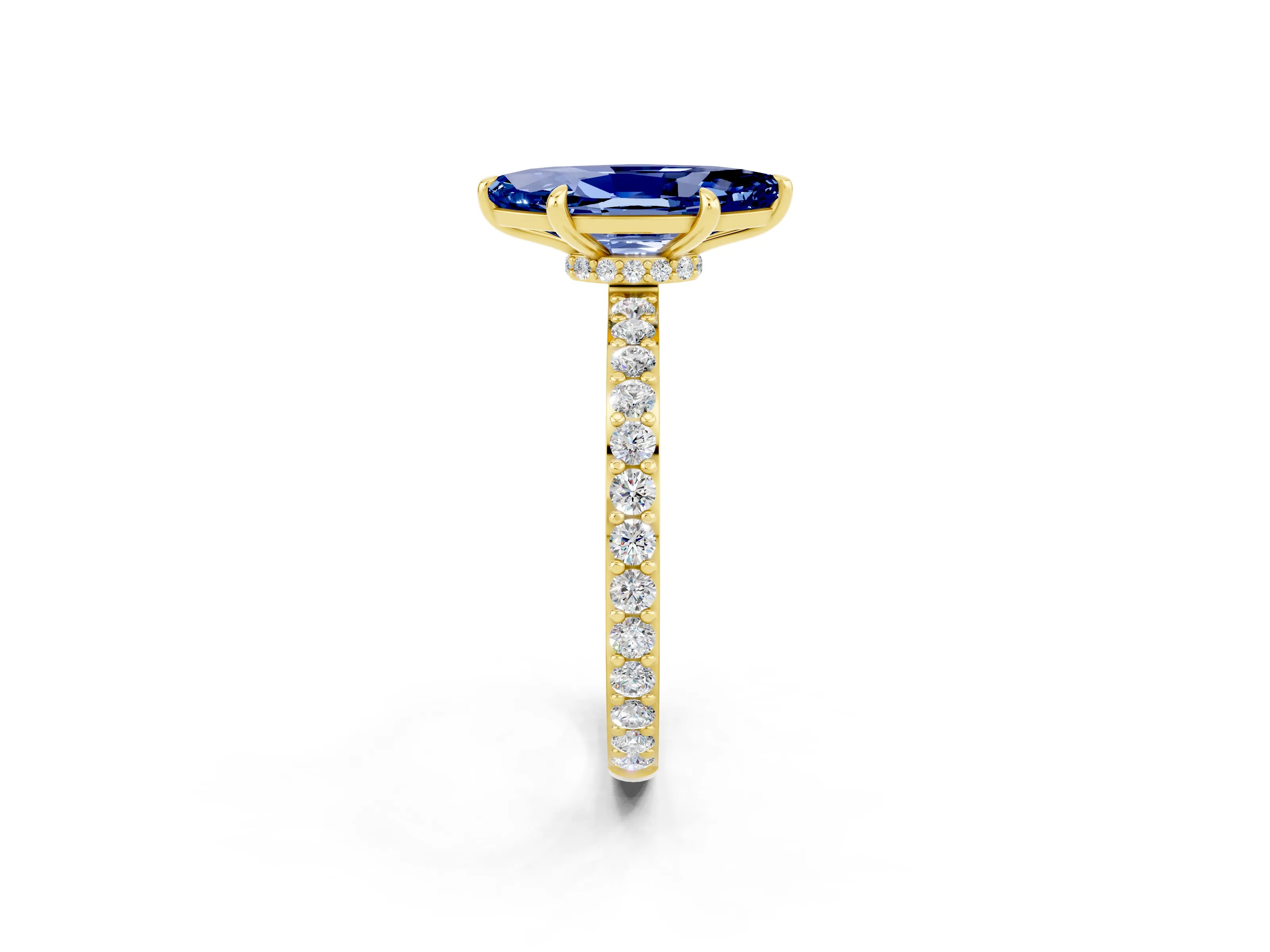 Yellow gold Marquise Cut Blue Sapphire Ring with Pavé Band and Four-Prong Setting_2