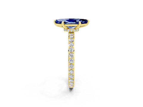 Yellow gold Marquise Cut Blue Sapphire Ring with Pavé Band and Four-Prong Setting_2