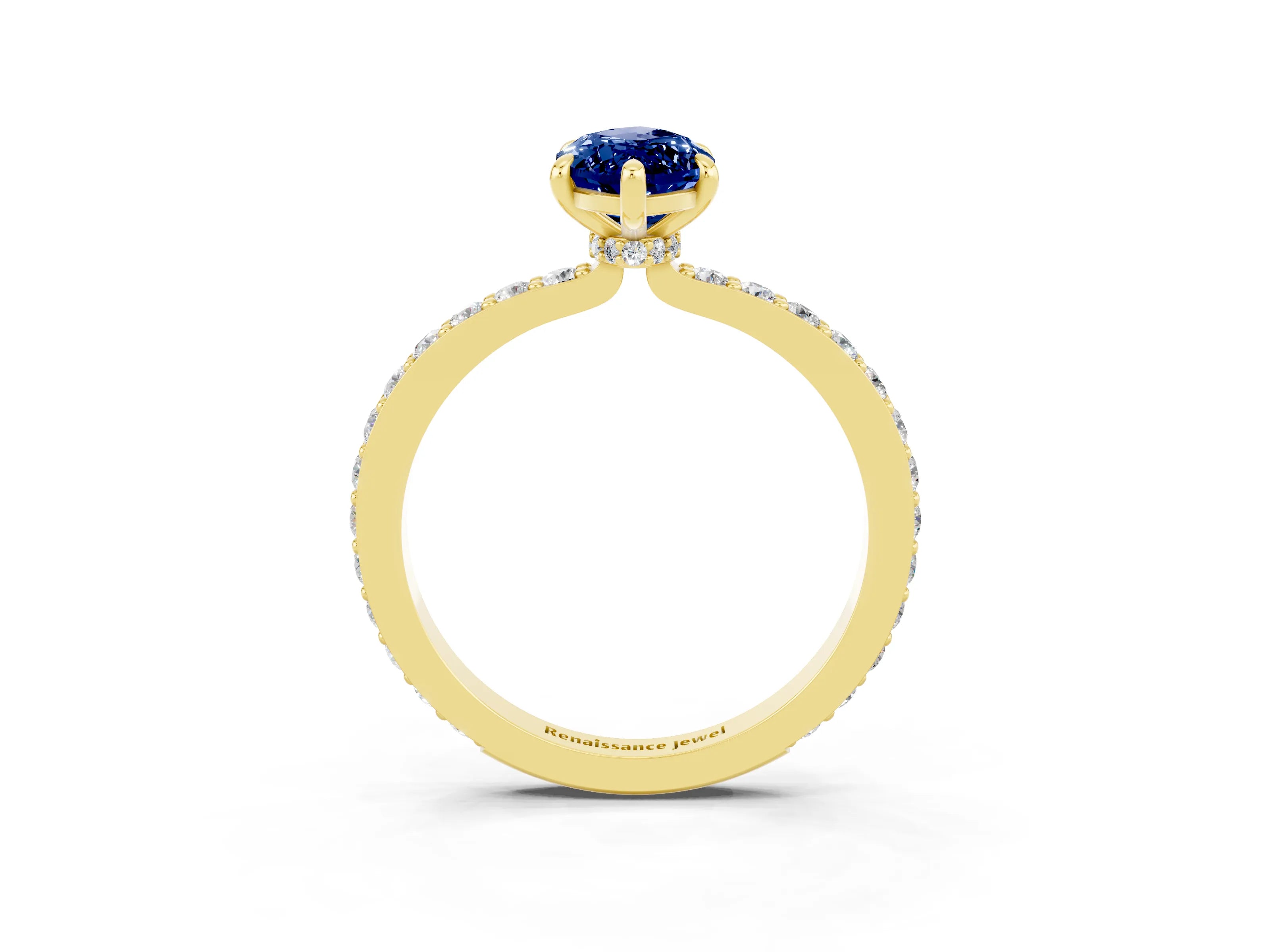 Yellow gold Marquise Cut Blue Sapphire Ring with Pavé Band and Four-Prong Setting_3