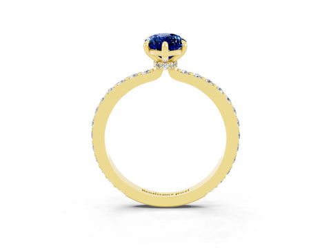 Yellow gold Marquise Cut Blue Sapphire Ring with Pavé Band and Four-Prong Setting_3