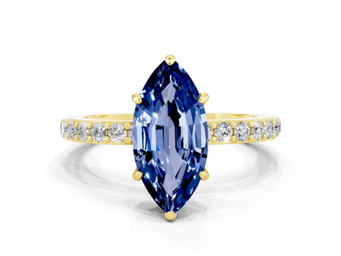 Yellow gold Marquise Cut Blue Sapphire Ring with Pavé Band and Four-Prong Setting