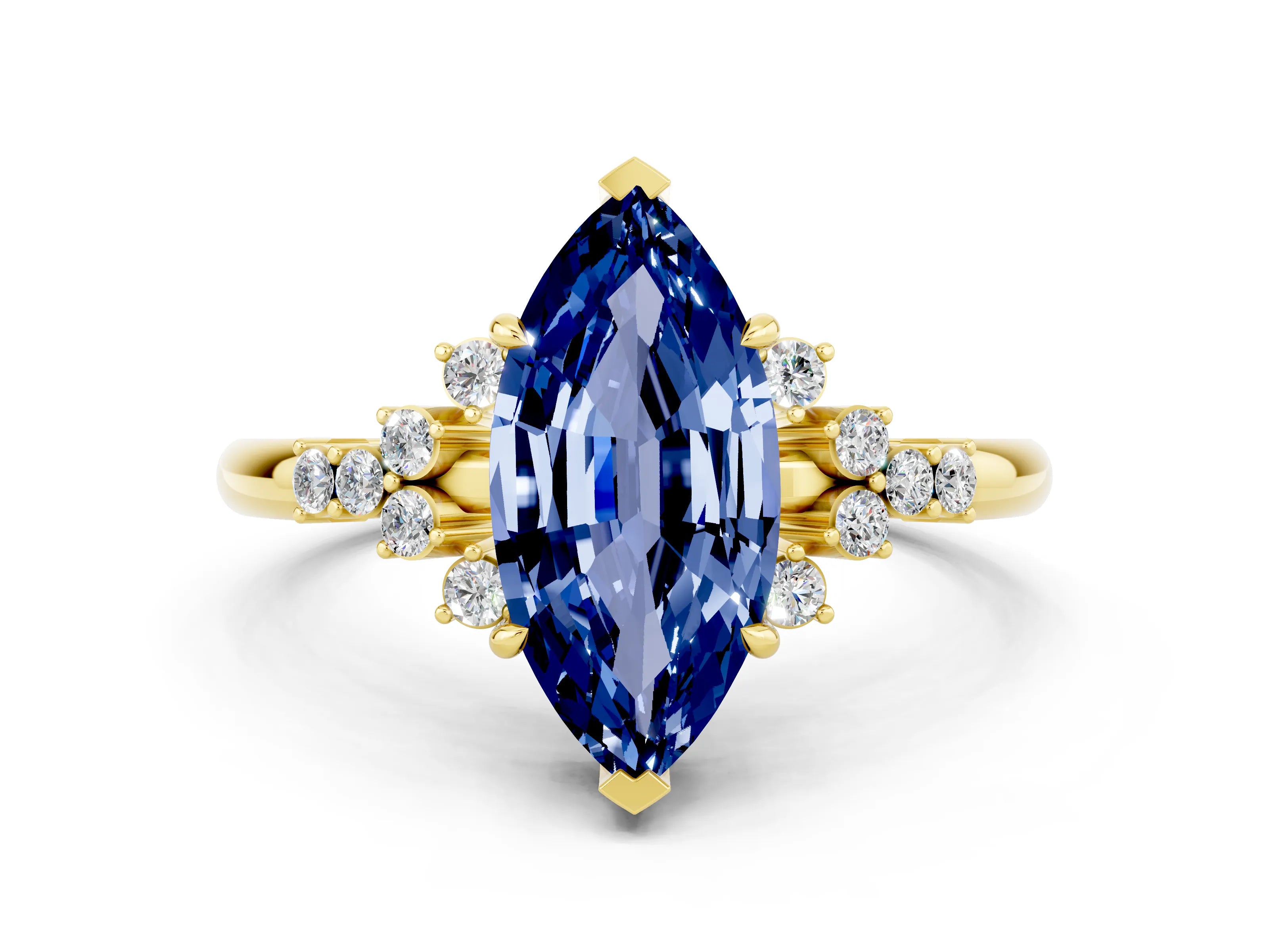 Yellow gold Marquise Cut Blue Sapphire Ring with Side Stones and Four-Prong Setting_36