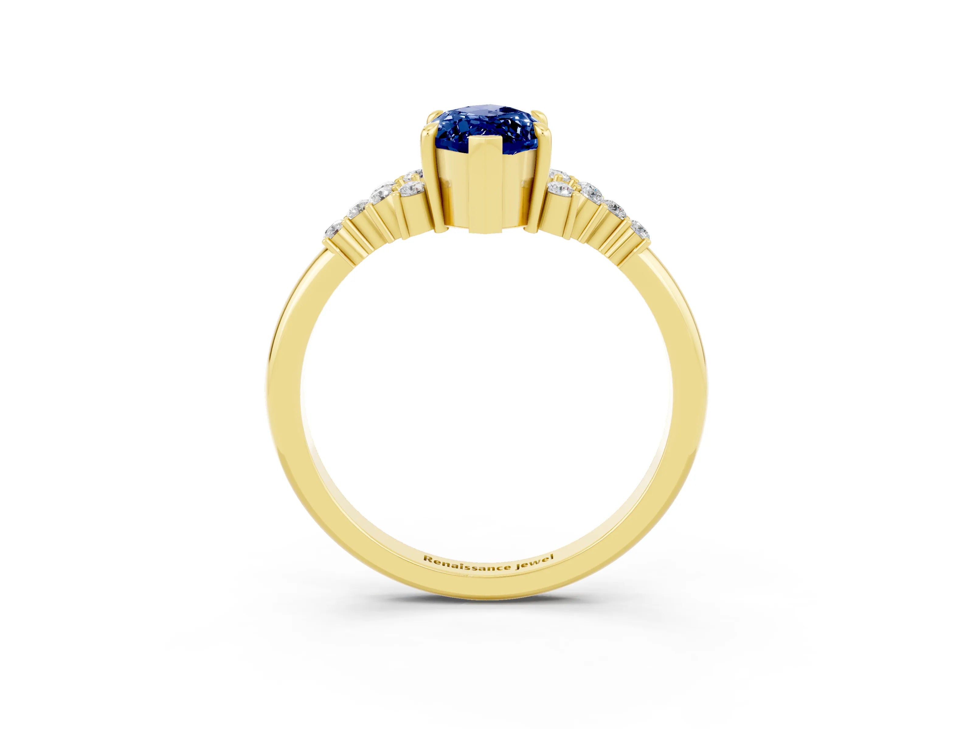 Yellow gold Marquise Cut Blue Sapphire Ring with Side Stones and Four-Prong Setting_39