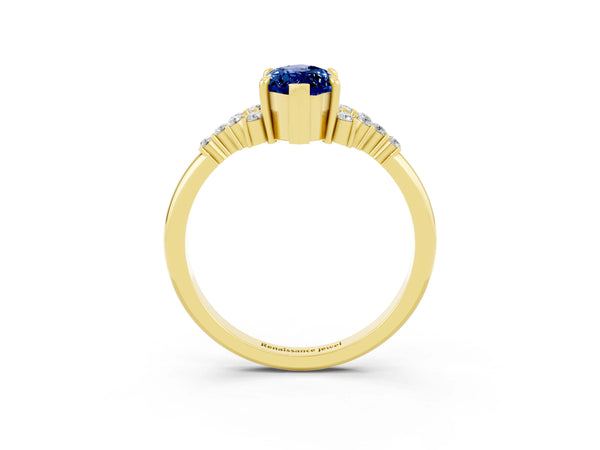 Yellow gold Marquise Cut Blue Sapphire Ring with Side Stones and Four-Prong Setting