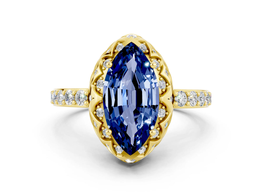 Yellow gold Marquise Cut Blue Sapphire Scalloped Halo Engagement Ring with Round Shared Prong Band_12