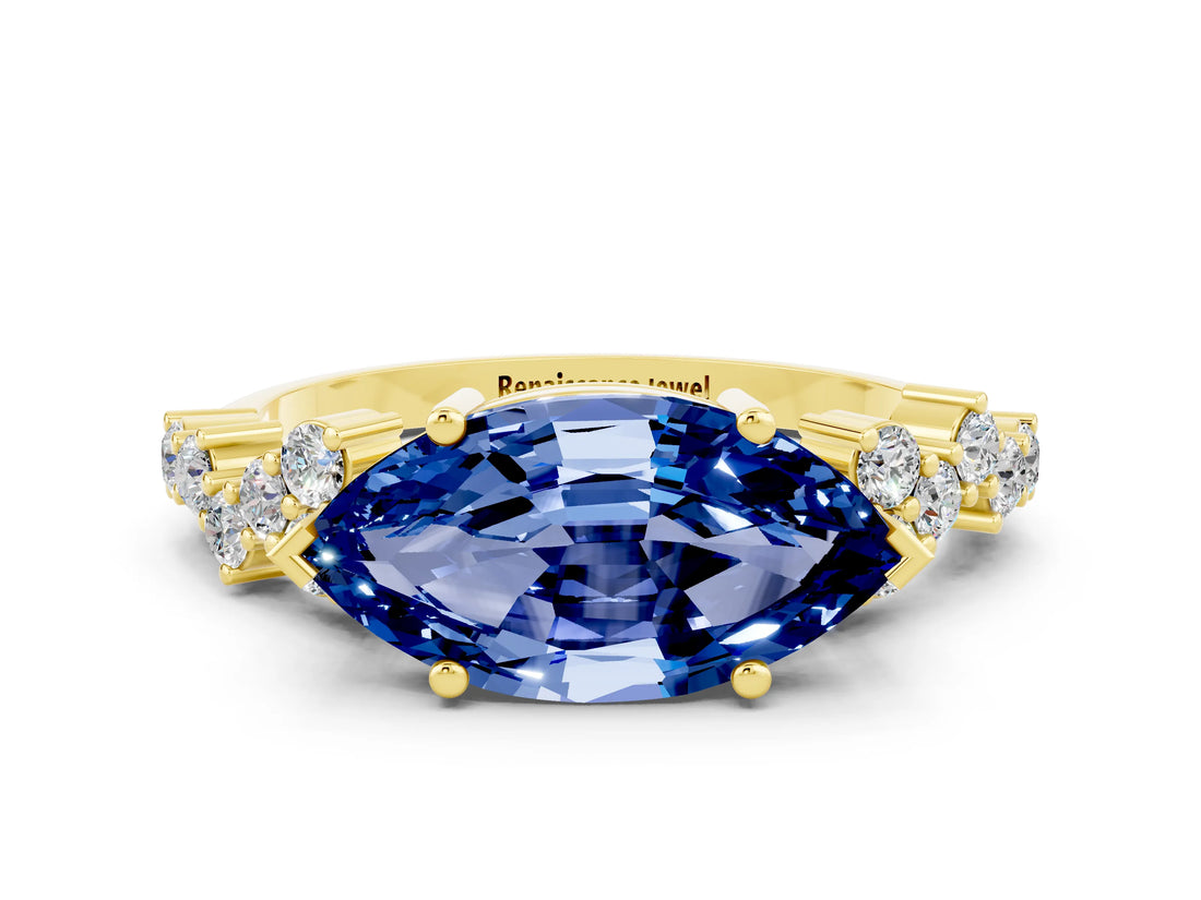 Yellow gold Marquise Cut Blue Sapphire Scattered Round Accent Ring with Prong Setting_12