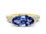 Yellow gold Marquise Cut Blue Sapphire Scattered Round Accent Ring with Prong Setting_12
