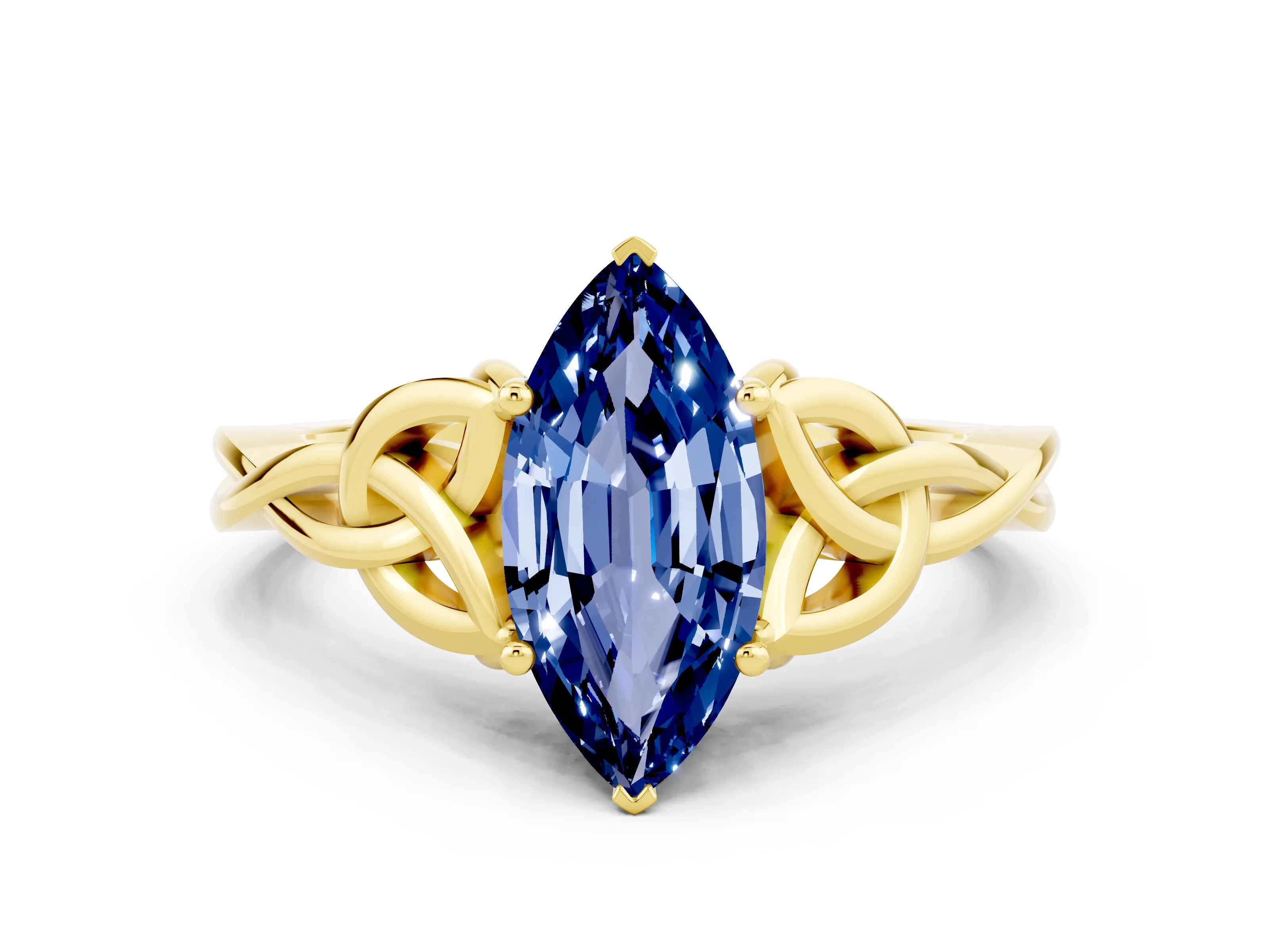 Yellow gold Marquise Cut Blue Sapphire Solitaire Celtic Knot Ring with Four-Prong Setting_12