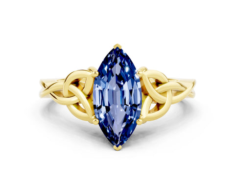 Yellow gold Marquise Cut Blue Sapphire Solitaire Celtic Knot Ring with Four-Prong Setting_12