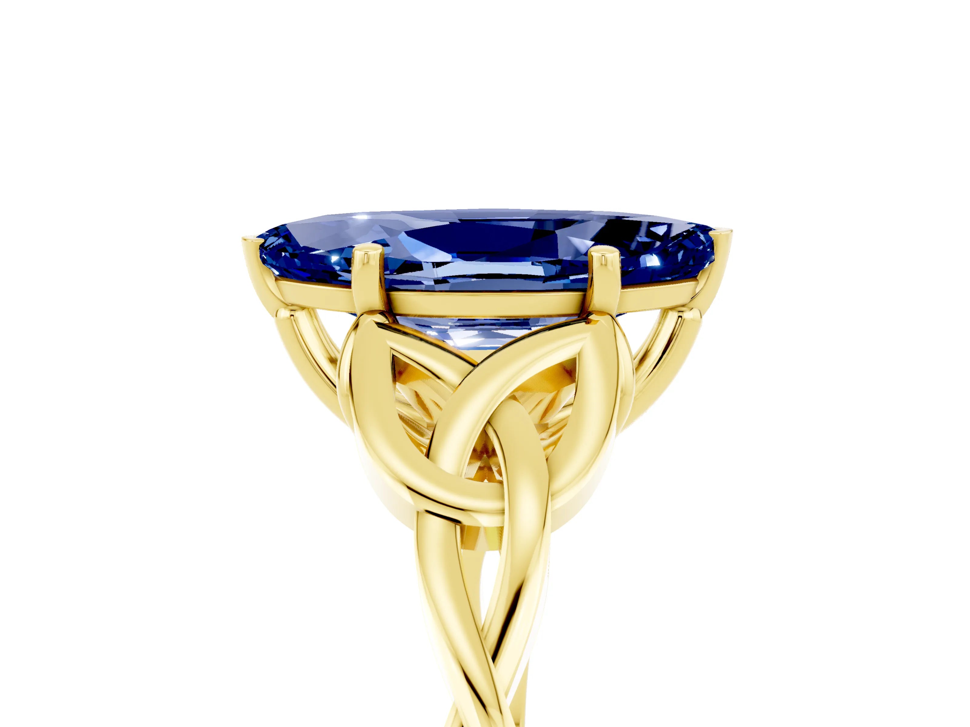 Yellow gold Marquise Cut Blue Sapphire Solitaire Celtic Knot Ring with Four-Prong Setting_17