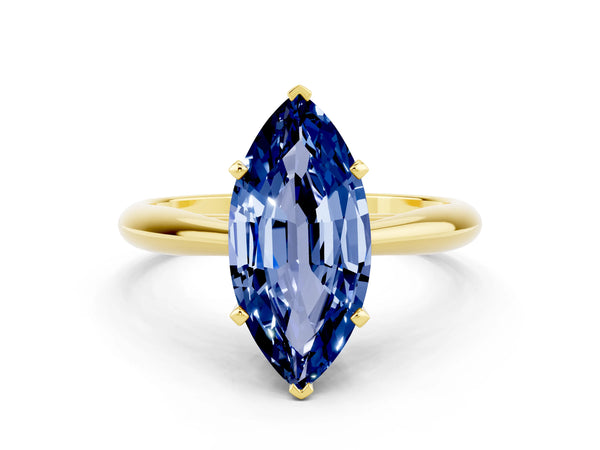 Yellow gold Marquise Cut Blue Sapphire Solitaire Engagement Ring with Cathedral Setting and Four-Prong Mount