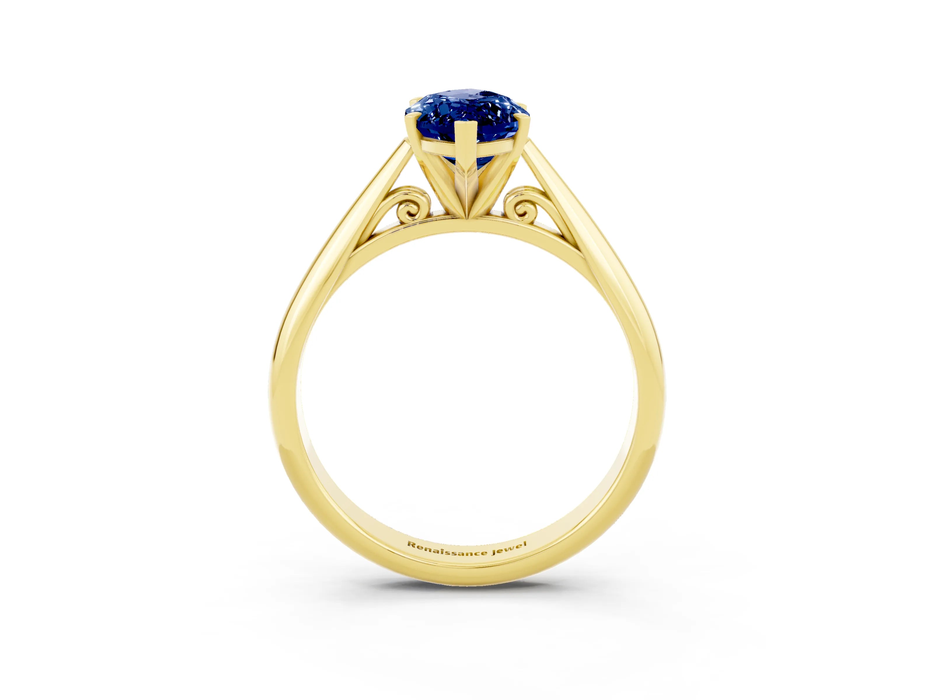 Yellow gold Marquise Cut Blue Sapphire Solitaire Engagement Ring with Cathedral Setting and Four-Prong Mount_15