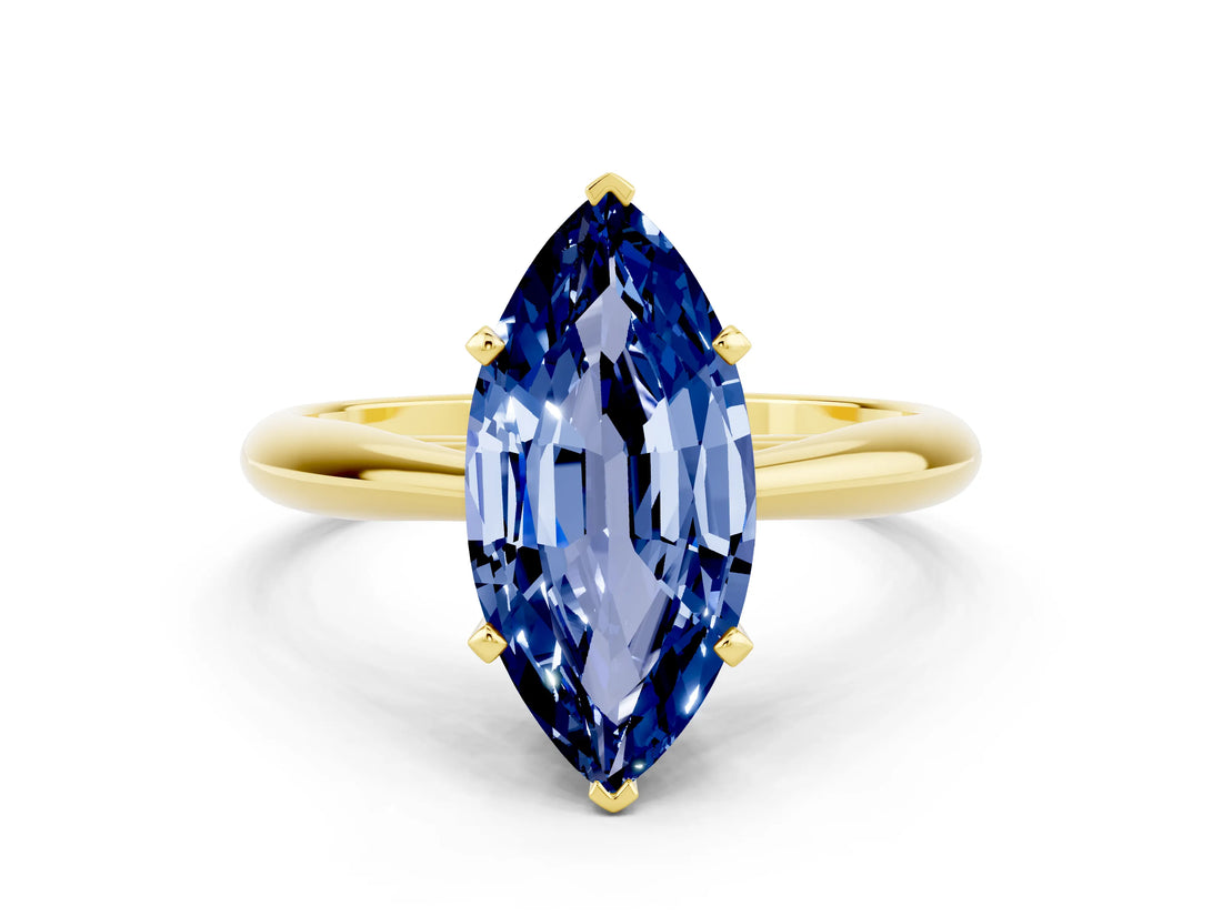 Yellow gold Marquise Cut Blue Sapphire Solitaire Engagement Ring with Cathedral Setting and Four-Prong Mount_66