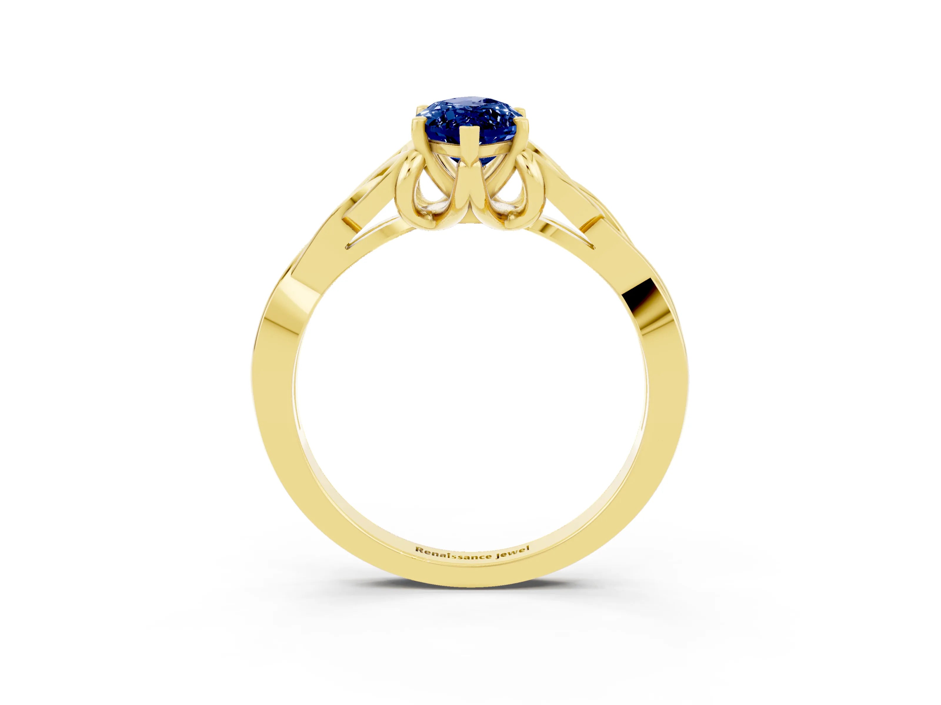Yellow gold Marquise Cut Blue Sapphire Solitaire Engagement Ring with Celtic Knot Band and Four-Prong Setting_3
